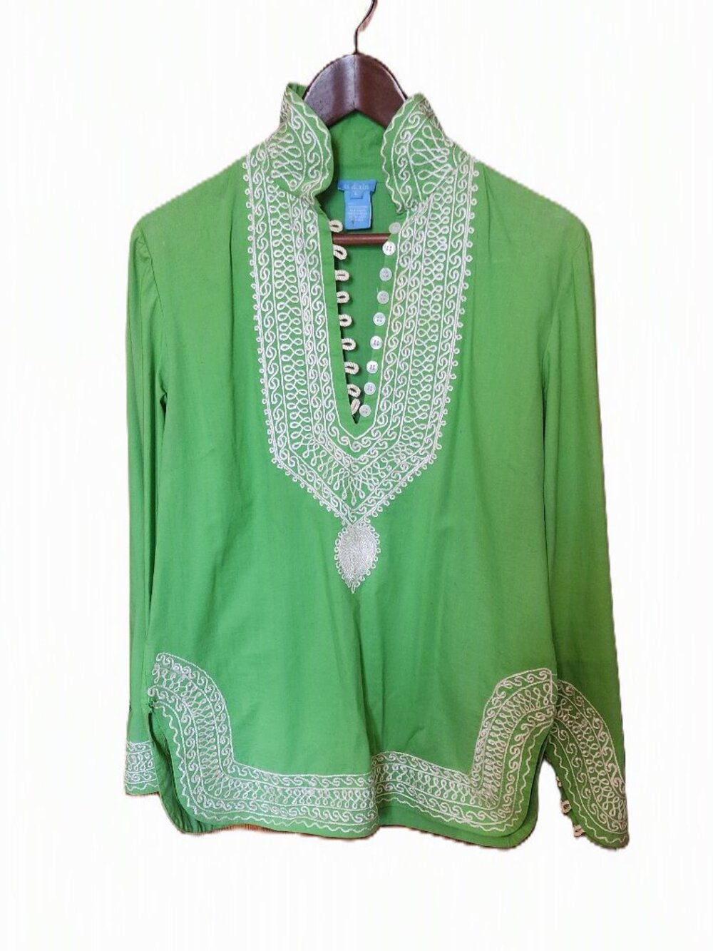 TS Dixin Vintage Bohemian Green Tunic with White  Embroidery, Size L
